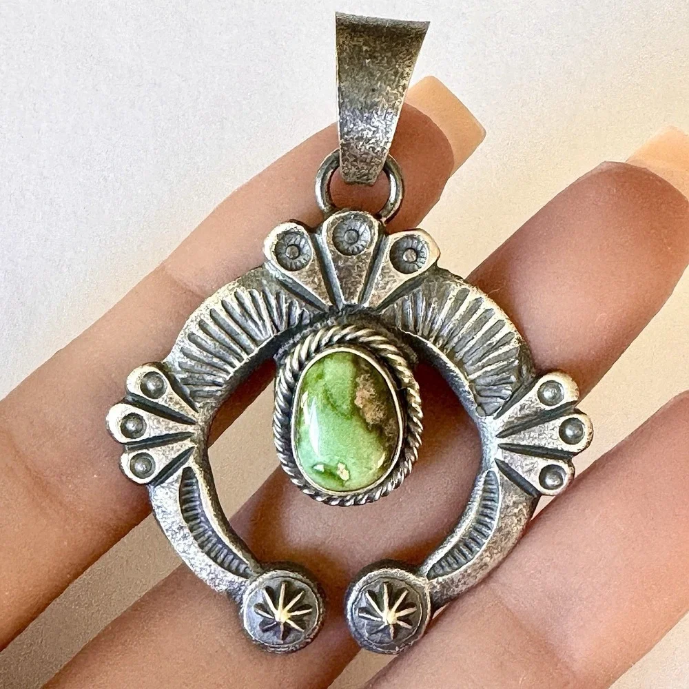 Navajo Turquoise Naja Pendant 2in Signed Billah‎ Squash Native American Handmade